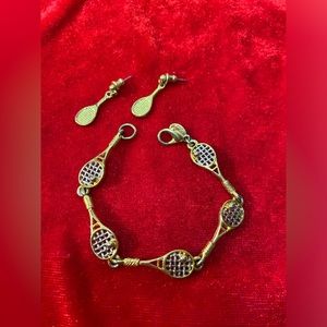 Gold Tone Vintage Bracelet of tennis rackets with earrings suck a cute set